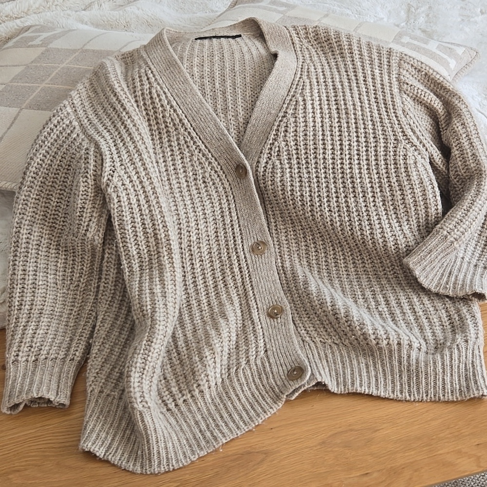 Jenni Kayne Alpaca Blend Cocoon Cardigan, Neutral Knit Sweater, GUC but Piling